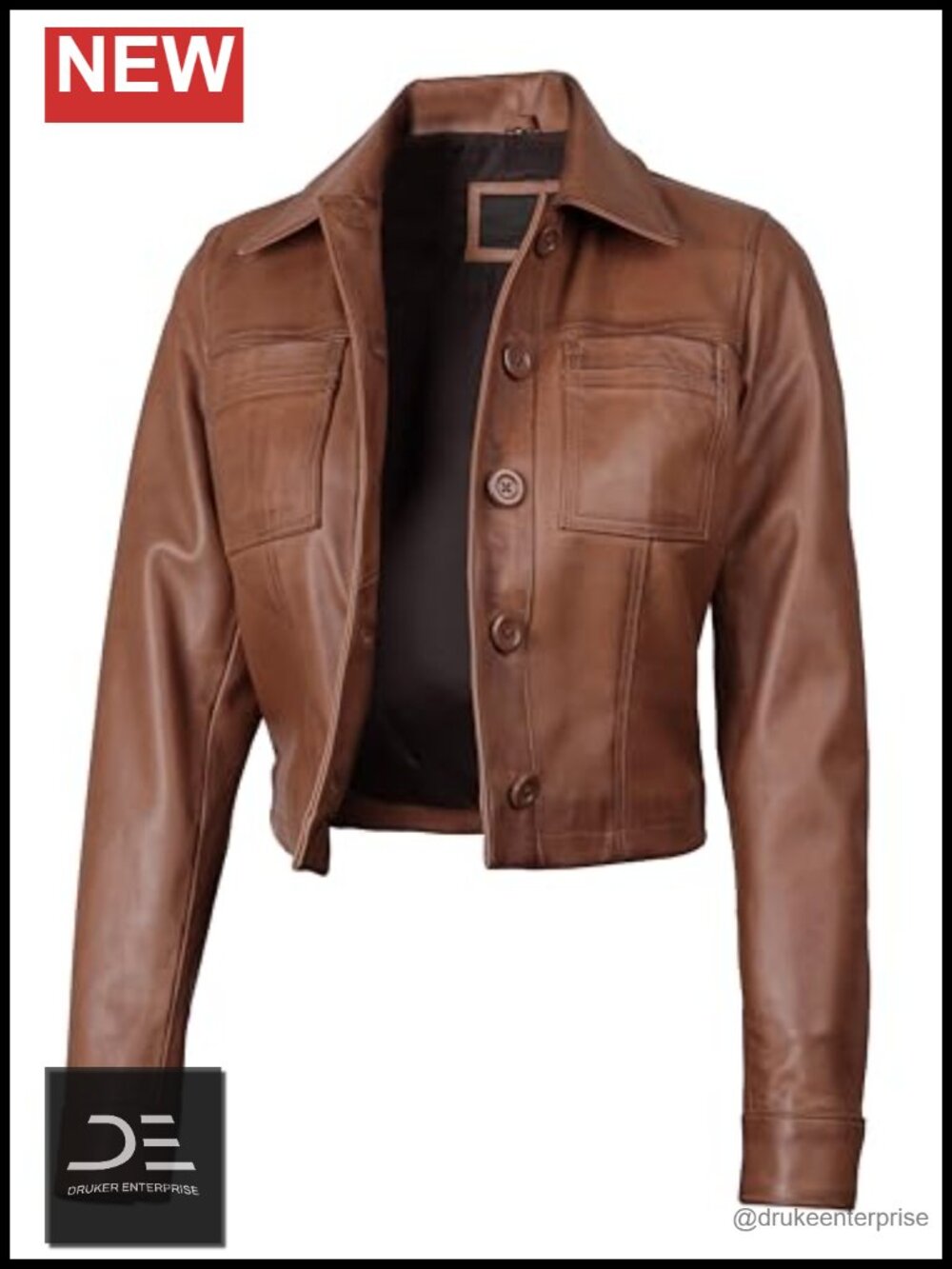 Cropped Real Lambskin Leather Jacket Button Closure Shirt Collar